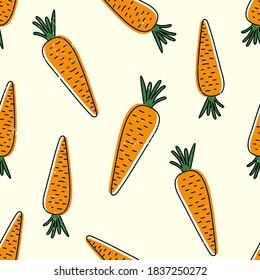Cute Karotten nahtlose Muster auf beigem Hintergrund mit gealtertem, kratztem Papiereffekt. Trendy doodle handgezeichnet Stil. Italienische Küche. Vektorgrafik.