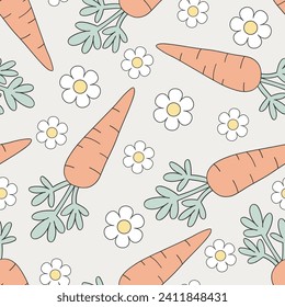 Cute carrots vegetable Easter bunny food and daisy flowers vector seamless pattern. Happy Easter holiday background.