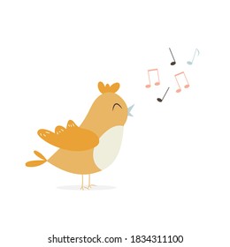 Cute carrtoon bird character singing a song. Vector illustration. 