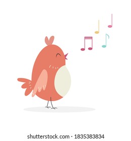 Cute carrtoon bird character singing a song. Vector illustration. 