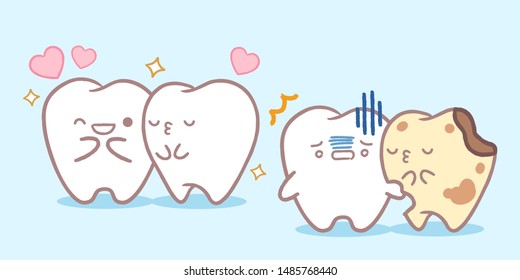 cute carrtoon tooth kiss and with dacay problem 