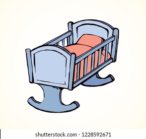 Cute carrycot nap design on white room floor backdrop. Infancy nurture logo emblem. Light blue color hand drawn safety rail swing dream object pictogram sketch in antique style