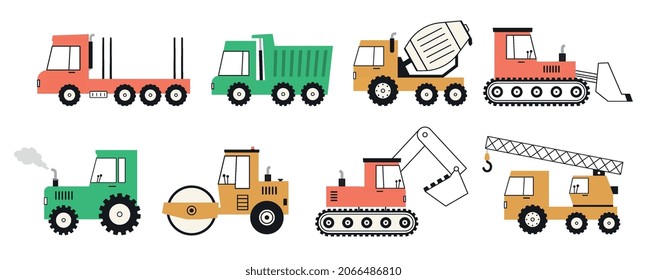 Cute cars for construction work. Set special equipment vehicles, crane, excavator, bulldozer, tractor, concrete mixer, roller, truck.