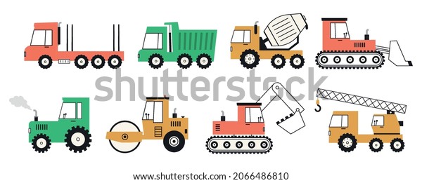 Cute cars for construction work. Set special\
equipment vehicles, crane, excavator, bulldozer, tractor, concrete\
mixer, roller, truck.