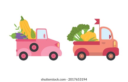 Cute Cars Delivering Vegetables, Small Trucks Shipping Zucchini, Eggplant, Broccoli Fresh Vegetables Cartoon Vector Illustration