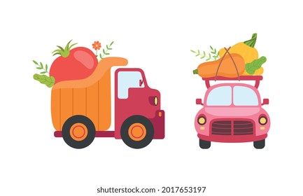 Cute Cars Delivering Vegetables, Small Trucks Shipping Fresh Zucchini, Tomato, Pumpkin Ripe Vegetables Cartoon Vector Illustration