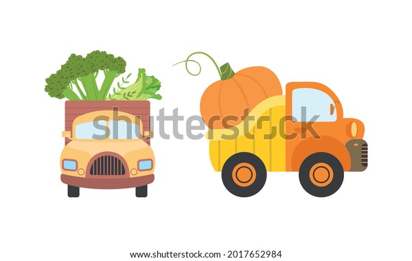 Cute Cars Delivering Vegetables, Small\
Trucks Shipping Pumpkin and Broccoli Fresh Ripe Vegetables Cartoon\
Vector Illustration