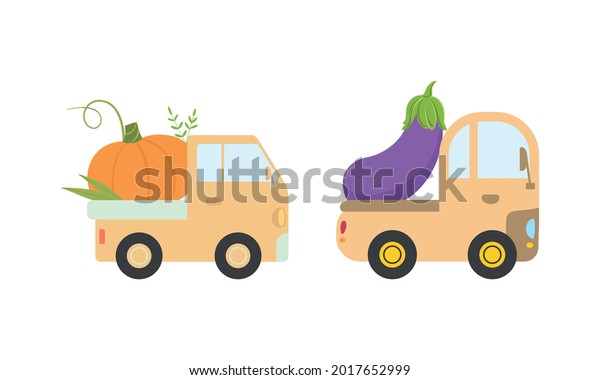 Cute Cars Delivering Vegetables, Small\
Trucks Shipping Eggplant and Pumpkin Fresh Ripe Vegetables Cartoon\
Vector Illustration