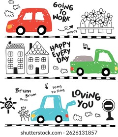 cute cars doodle cartoon Can be used for nursery room, textile, wallpaper, packaging, clothing