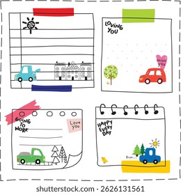 bonitos carros doodle papel vetor mão desenhada