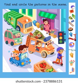 Cute Autos und Fahrer in der Stadt. Finden Sie versteckte Objekte. Erzieherisches Puzzlespiel für Kinder.  Cartoon lustige Charaktere. Menschen und Verkehr, Stau in der Stadt. Vektorgrafik für Kinder. 