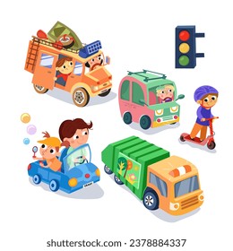 Cute cars and drivers in city. Set of Cartoon funny characters for design. People and transport, traffic jam in town. Vector illustration for children. 