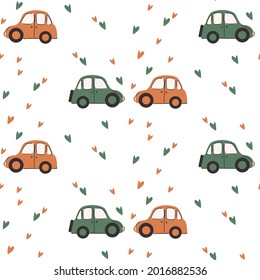 Cute cars and hearts seamless pattern on a white background. Vector illustration is hand-drawn. Print for children's fabrics and packaging.