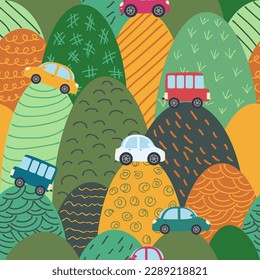 Cute cars, hills baby Seamless pattern. childish prints for fabric, textile, wrapping paper, apparel, nursery