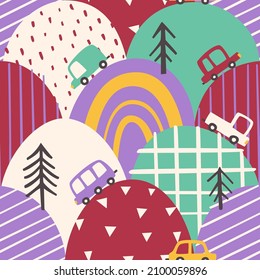 Cute cars, hills, trees scandinavian baby pattern. Seamless vector abstract childish prints for fabric, textile, wrapping paper, apparel, nursery.
