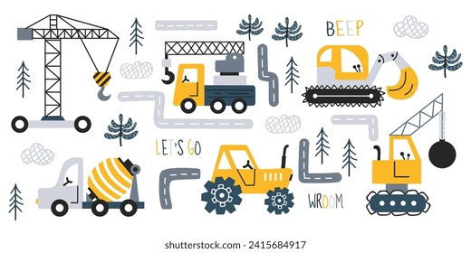 Los coches son bonitos al estilo escandinavo. Juego de vectores para niños de juguetes de transporte por carretera. Moldeadores dibujados a mano - tractor, mezclador de cemento, grúa de carga, topadora, excavadora. Banner para niños, impreso, para tela.