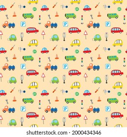Cute Cars Seamless Pattern, Cartoon transportation Doodles Background, vector Illustration.