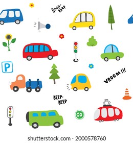 Cute Cars Seamless Pattern, Cartoon transportation Doodles Background, vector Illustration.