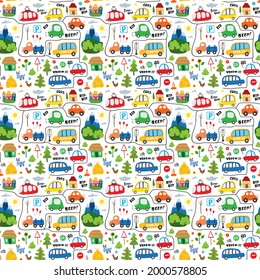Cute Cars Seamless Pattern, Cartoon transportation Doodles Background, vector Illustration.