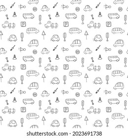 Cute Cars Seamless Pattern, Cartoon transportation Doodles Background, vector Illustration.