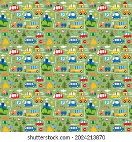 Cute Cars Seamless Pattern, Cartoon transportation Doodles Background, vector Illustration.