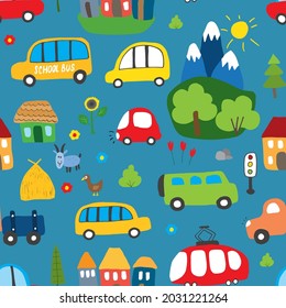 Cute Cars Seamless Pattern, Cartoon transportation Doodles Background, vector Illustration.