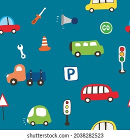 Cute Cars Seamless Pattern, Cartoon transportation Doodles Background, vector Illustration.