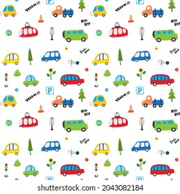 Cute Cars Seamless Pattern, Cartoon transportation Doodles Background, vector Illustration.