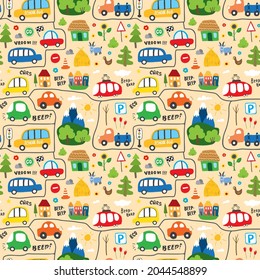 Cute Cars Seamless Pattern, Cartoon transportation Doodles Background, vector Illustration.
