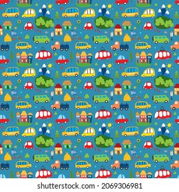 Cute Cars Seamless Pattern, Cartoon transportation Doodles Background, vector Illustration.