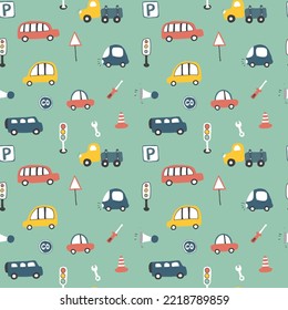Cute Cars Seamless Pattern, Cartoon transportation Doodles Background, vector Illustration.