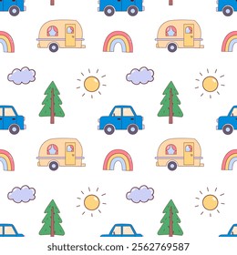 Cute Cars Seamless Pattern, Cartoon transportation Doodles Background, vector Illustration.