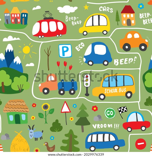 Cute Cars Seamless Pattern, Cartoon
transportation Doodles Background, vector
Illustration.