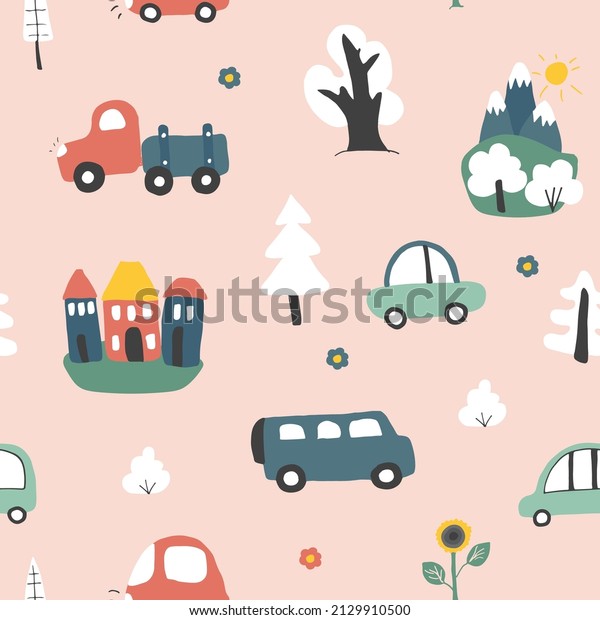 Cute Cars Seamless Pattern, Cartoon\
transportation Doodles Background, vector\
Illustration.
