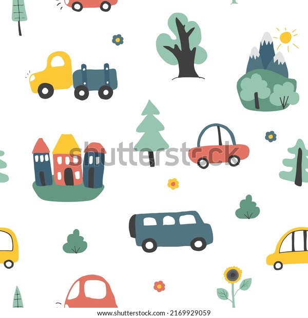 Cute Cars Seamless Pattern, Cartoon\
transportation Doodles Background, vector\
Illustration.