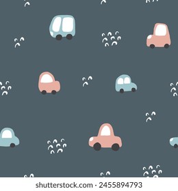 Cute Cars Seamless Pattern, Childish Cartoon background, vector Illustration.