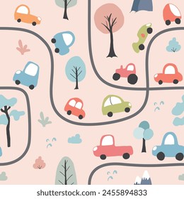 Cute Cars Seamless Pattern, Childish Cartoon background, vector Illustration