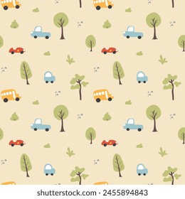 Cute Cars Seamless Pattern, Childish Cartoon background, vector Illustration