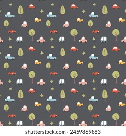 Cute Cars Seamless Pattern, Childish Cartoon background, vector Illustration