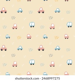 Cute Cars Seamless Pattern, Childish Cartoon background, vector Illustration.