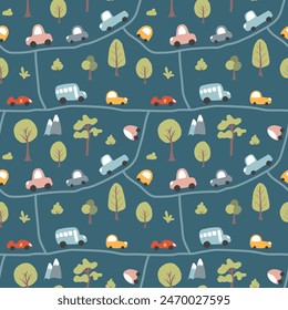 Cute Cars Seamless Pattern, Childish Cartoon background, vector Illustration