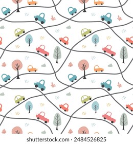 Cute Cars Seamless Pattern, Childish Cartoon background, vector Illustration