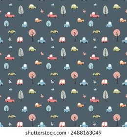 Cute Cars Seamless Pattern, Childish Cartoon background, vector Illustration