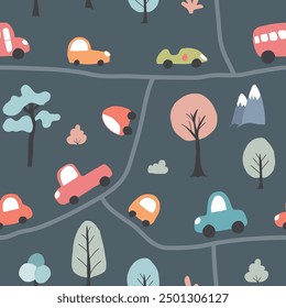 Cute Cars Seamless Pattern, Childish Cartoon background, vector Illustration