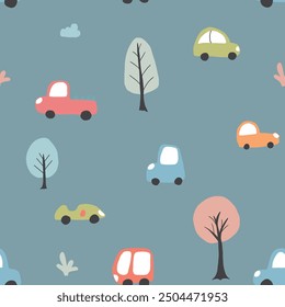 Cute Cars Seamless Pattern, Childish Cartoon background, vector Illustration