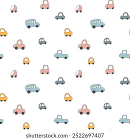 Cute Cars Seamless Pattern, Childish Cartoon background, vector Illustration.