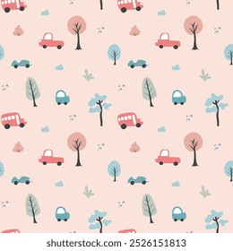 Cute Cars Seamless Pattern, Childish Cartoon background, vector Illustration