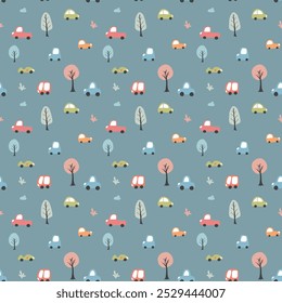 Cute Cars Seamless Pattern, Childish Cartoon background, vector Illustration