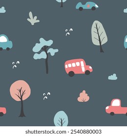 Cute Cars Seamless Pattern, Childish Cartoon background, vector Illustration