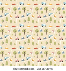 Cute Cars Seamless Pattern, Childish Cartoon background, vector Illustration